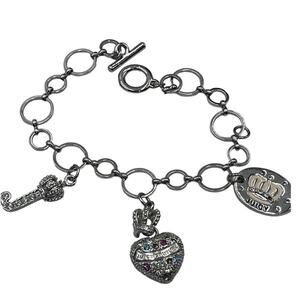 Juicy Couture Silver Tone Charm Bracelet Puff multicolor Crown Heart Pave J